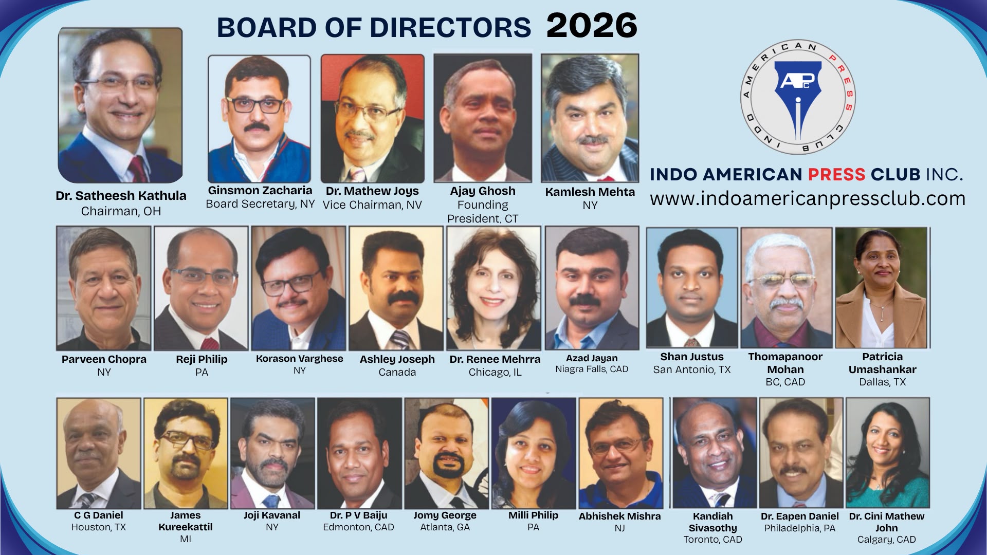 ഇന്തോ-അമേരിക്കൻ പ്രസ് ക്ലബ് (IAPC) 2026 ഭരണസമിതിയെ പ്രഖ്യാപിച്ചു